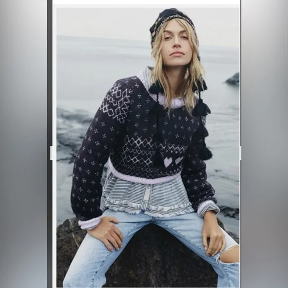 Free People Snow Globe Pullover Sweater in Onyx Combo XL NWT